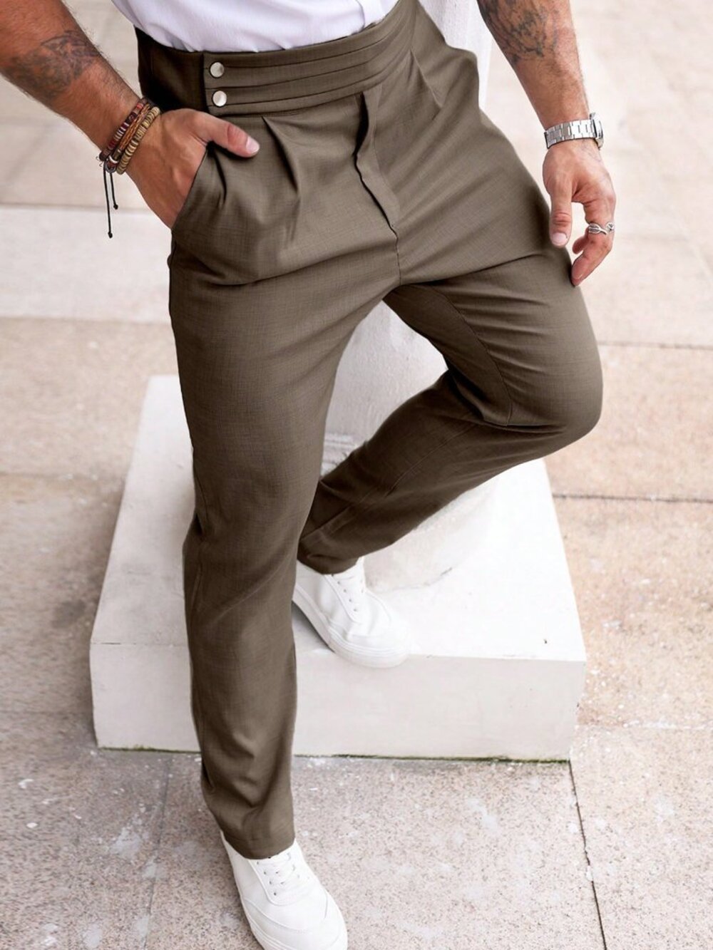 Coffee Brown Regular Fit Men's Loose Long Casual Suit Trousers